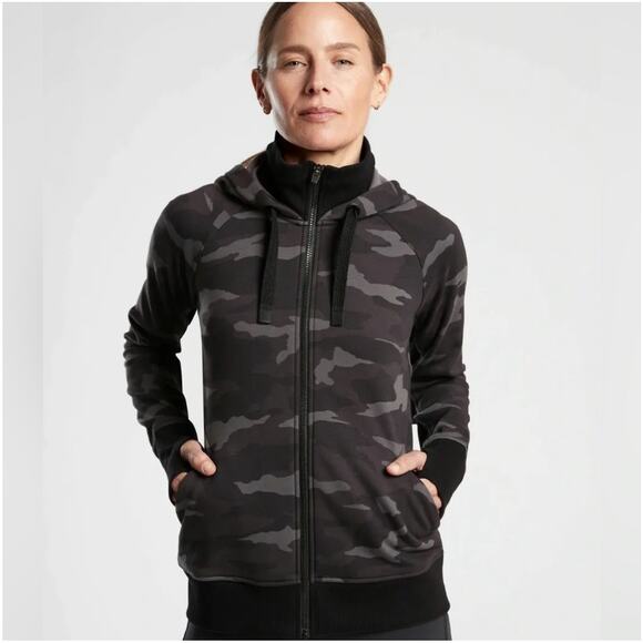Athleta Jacket Womens Small Black Gray Camo Triumph Hoodie Full Zip Athleisure - Picture 1 of 8